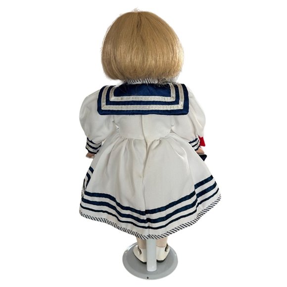 Vintage Porcelain Doll Dressed in a Sailor Dress 15 Inches Tall - Stand Included - Picture 2 of 7